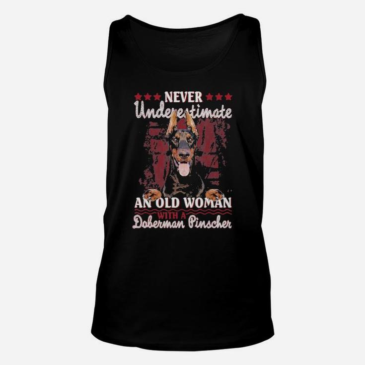 Never Underestimate An Old Woman With A Doberman Unisex Tank Top