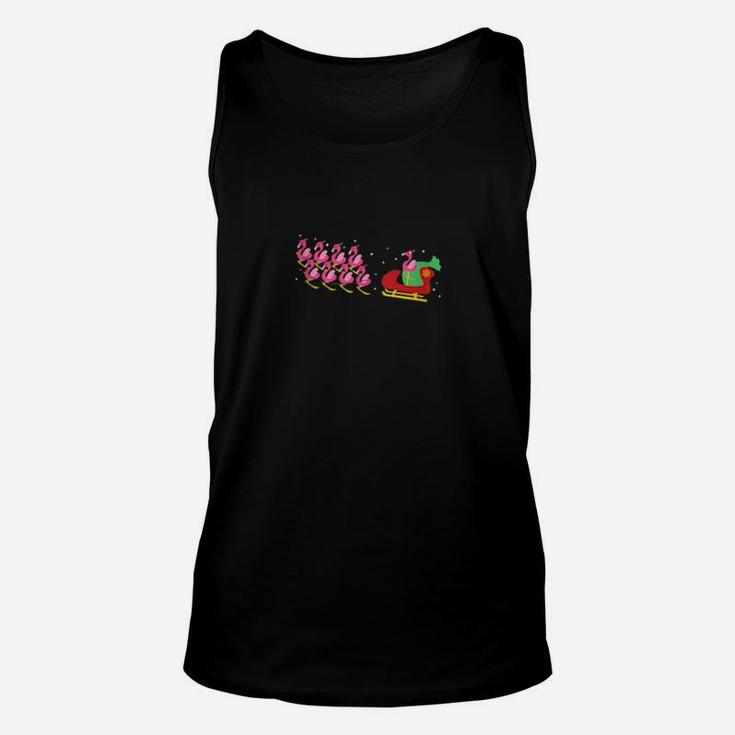 Pink Flamingo With Santa Claus Hat And Reindeer Sleigh Unisex Tank Top