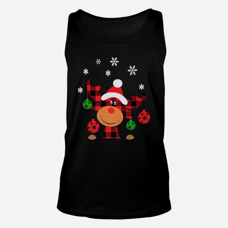 Red Buffalo Check Plaid Reindeer With Christmas Ornaments Unisex Tank Top
