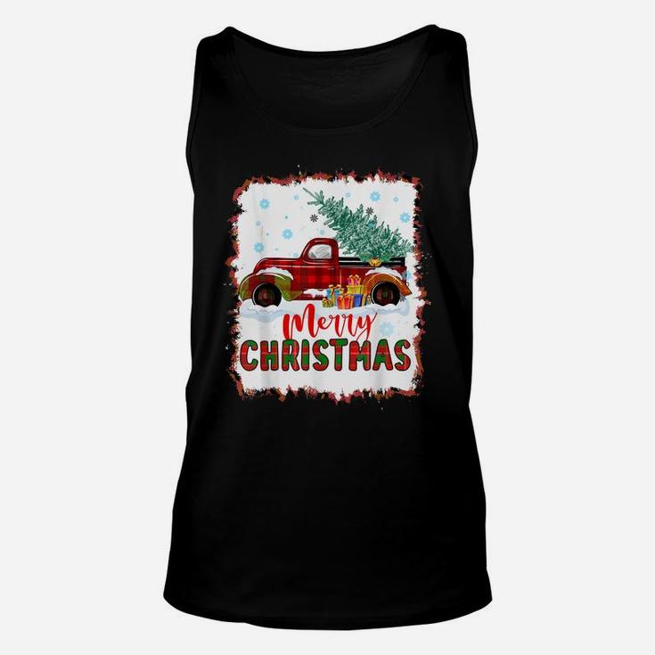 Red Buffalo Plaid Truck Merry Christmas Tree Bleached Print Unisex Tank Top