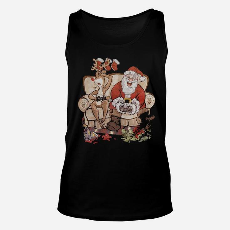 Santa And Reindeer Playing Games Together Unisex Tank Top