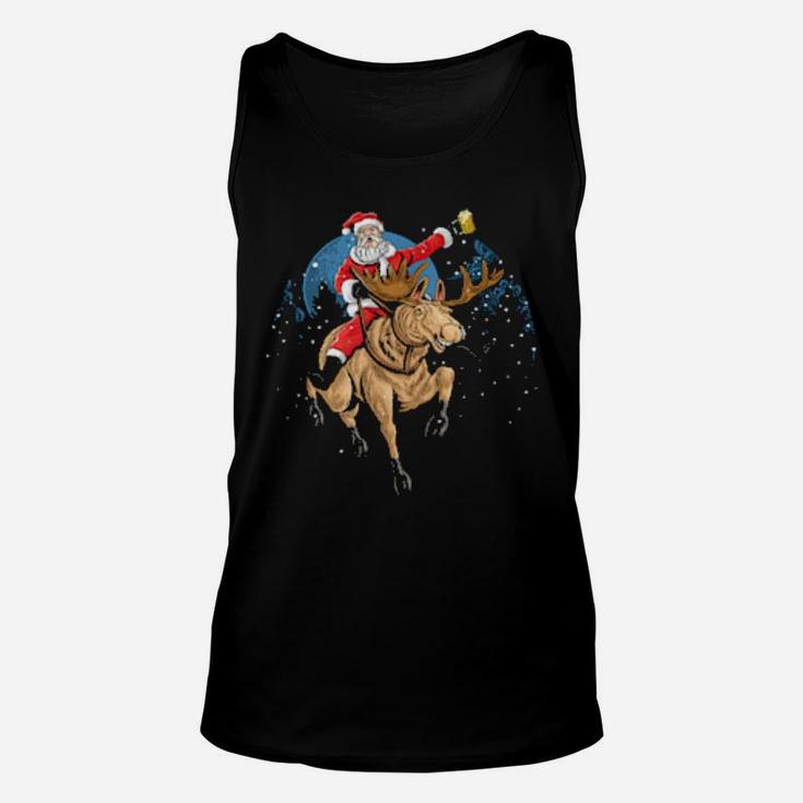 Santa Claus Drinking A Beer While Riding A Moose Unisex Tank Top