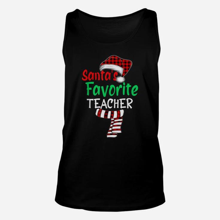 Santa's Favorite Teacher Funny Christmas Santa Red Plaid Unisex Tank Top