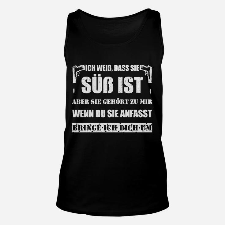 Schwarzes Unisex TankTop Ich weiß, dass sie süß ist in Weißer Schrift, Lustiges Spruch-Unisex TankTop