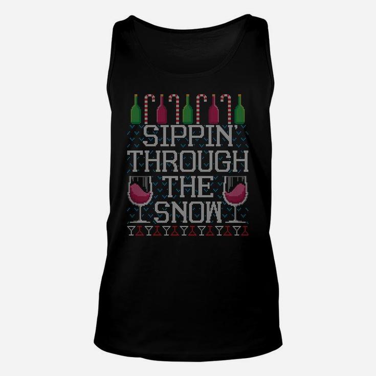 Sippin Through The Snow Red Wine Ugly Christmas Sweater Sweatshirt Unisex Tank Top