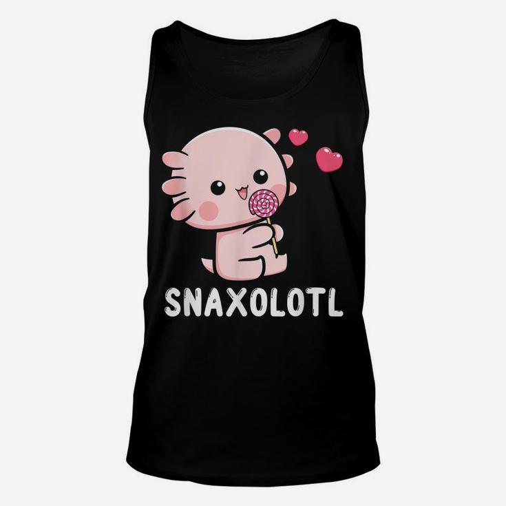 Snaxalotl Funny Axolotl Pun Candy Love Snacks Eating Fish Unisex Tank Top