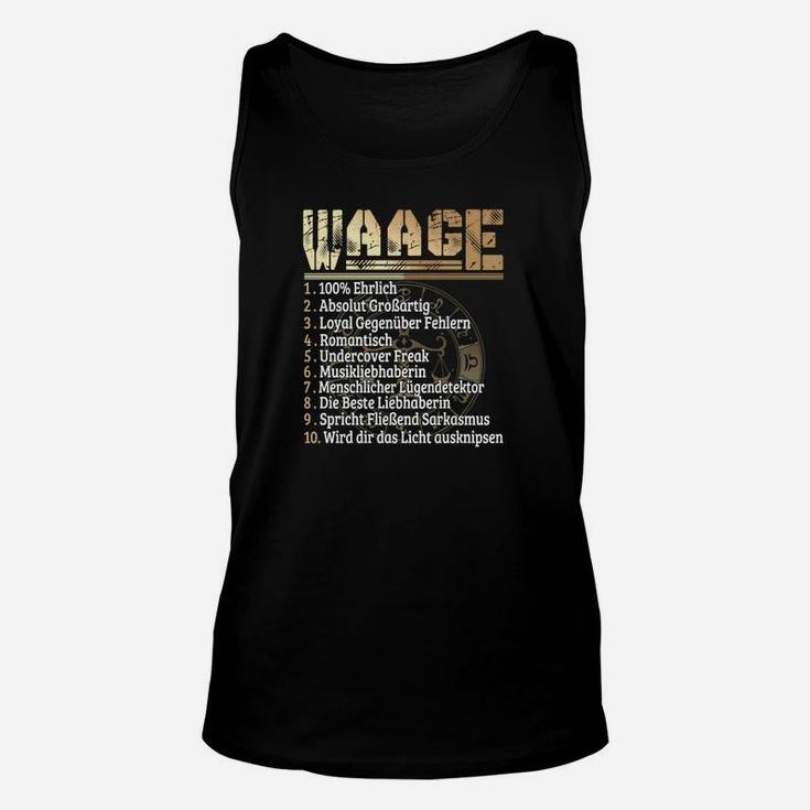 Waage Sternzeichen Schwarzes Unisex TankTop mit Goldenen Eigenschaften