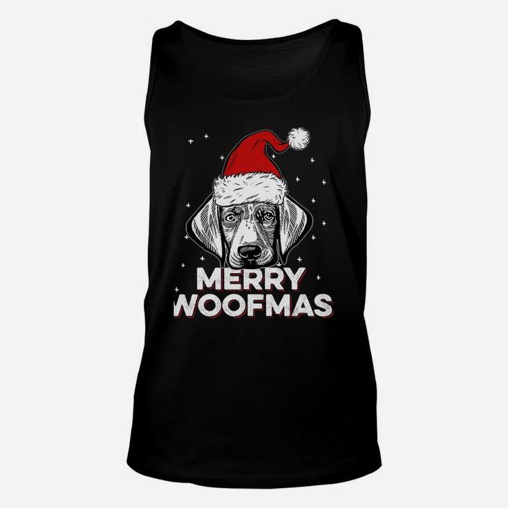 Weimaraner Wearing Christmas Santa Hat | Merry Woofmas Sweatshirt Unisex Tank Top