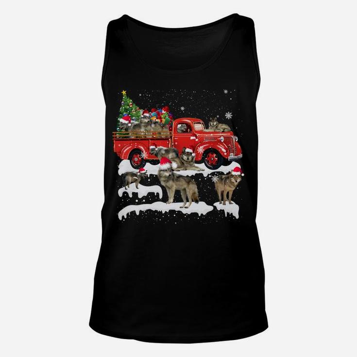 Wolf Riding Red Truck Merry Christmas X-Mas Ugly Gift Unisex Tank Top