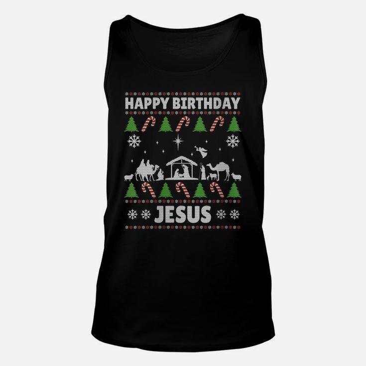 Womens Happy Birthday Jesus Xmas Holiday Christmas Ugly Sweater Unisex Tank Top