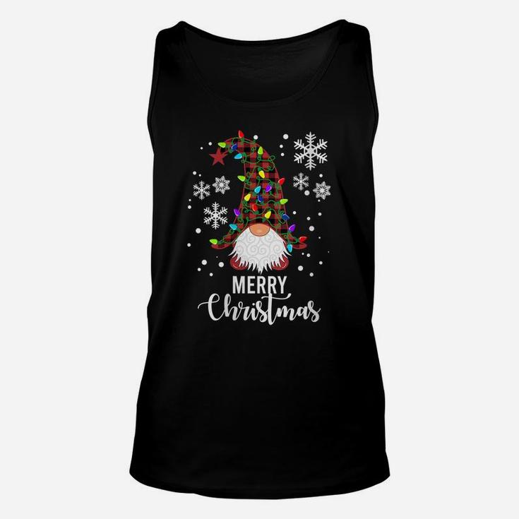 Womens Merry Christmas Gnomes Buffalo Plaid Snowflakes Santa Lights Unisex Tank Top