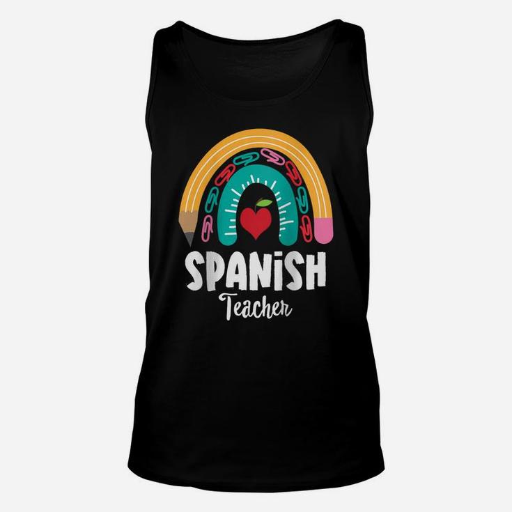Womens Spanish Teacher, Funny Boho Rainbow For Teachers Raglan Baseball Tee Unisex Tank Top