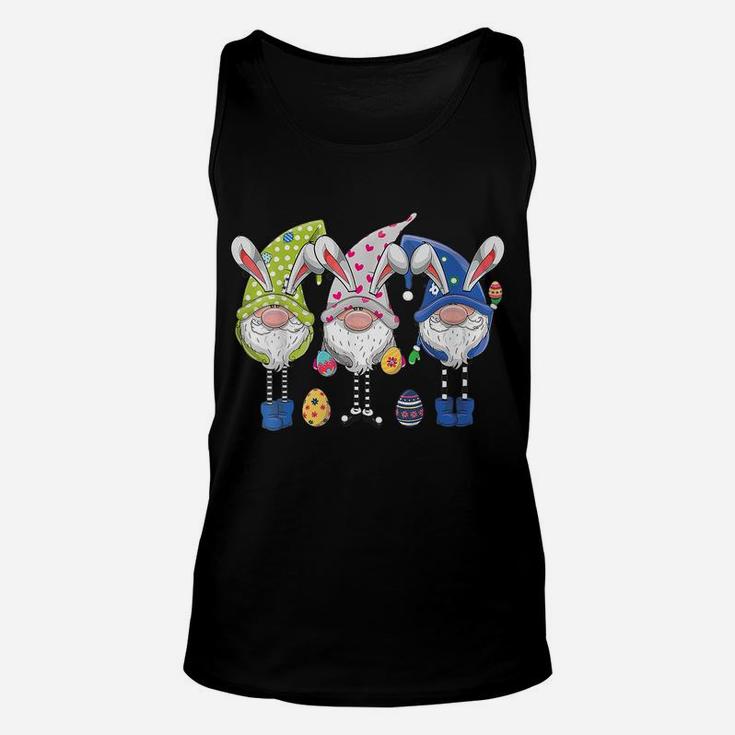 Womens Three Gnomes Bunny Holding Easter Egg Hunting Happy Easter Unisex Tank Top