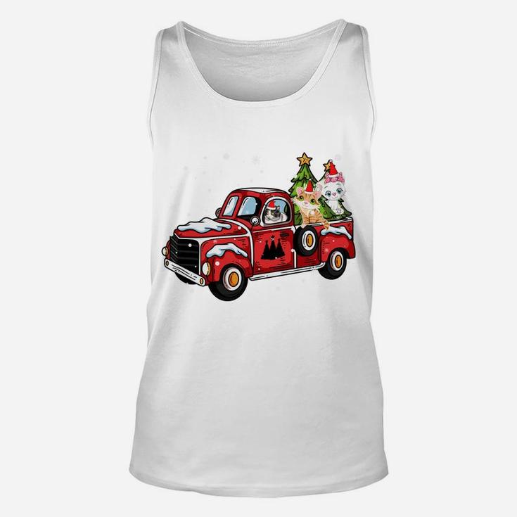 3 Cats Ride Red Truck Pick Up Christmas Tree Vintage Retro Sweatshirt Unisex Tank Top