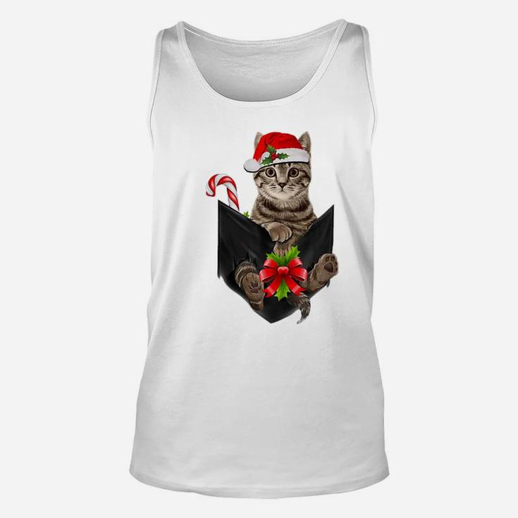 Brown Cat Santa Hat In Pocket - Christmas Cat Lovers Pajama Unisex Tank Top