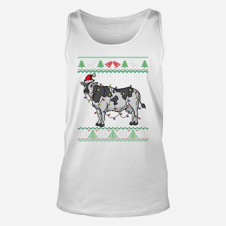 Cow Santa Claus & Lights Funny Dairy Farmer Ugly Christmas Sweatshirt Unisex Tank Top