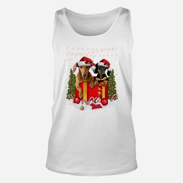 Cute Dachshund In Gift Box Lights Christmas Xmas Doxie Dog Sweatshirt Unisex Tank Top