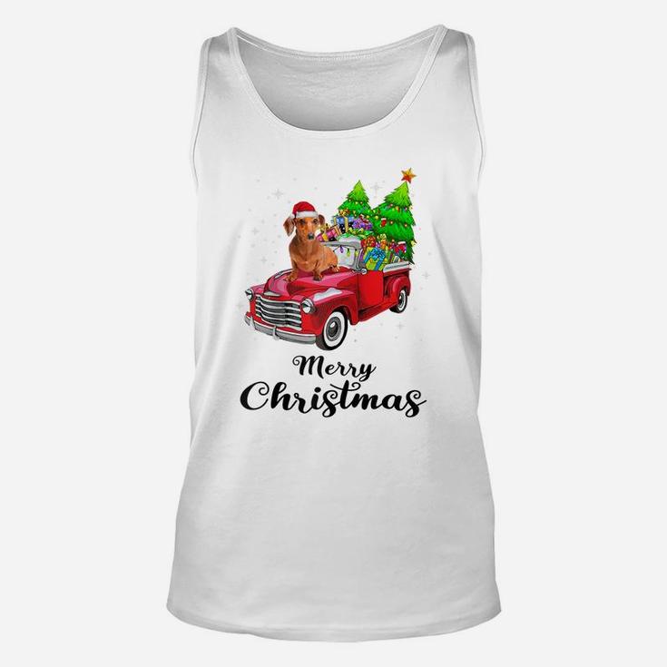 Dachshund Ride Red Truck Christmas Pajama Raglan Baseball Tee Unisex Tank Top