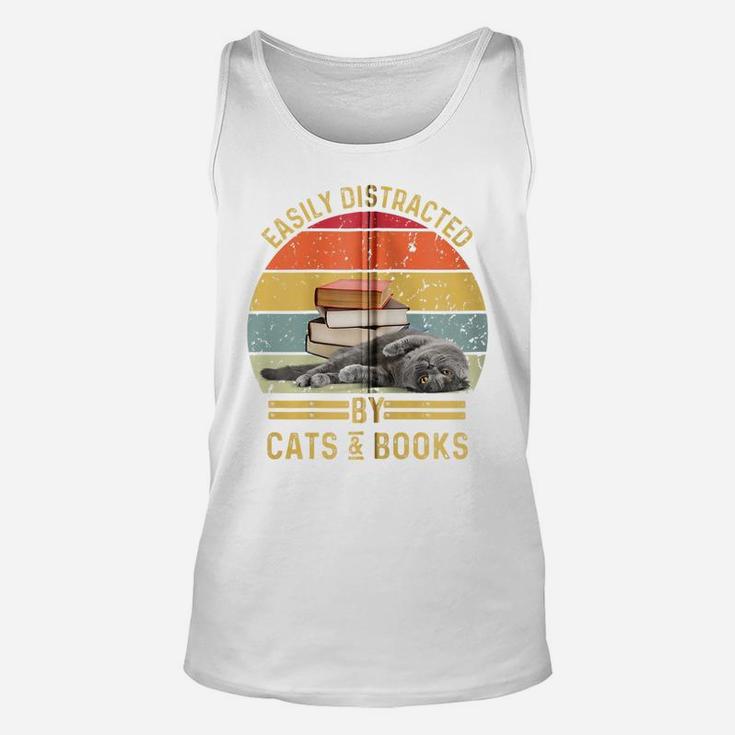 Easily Distracted By Cats And Books Funny Cat And Book Lover Zip Hoodie Unisex Tank Top