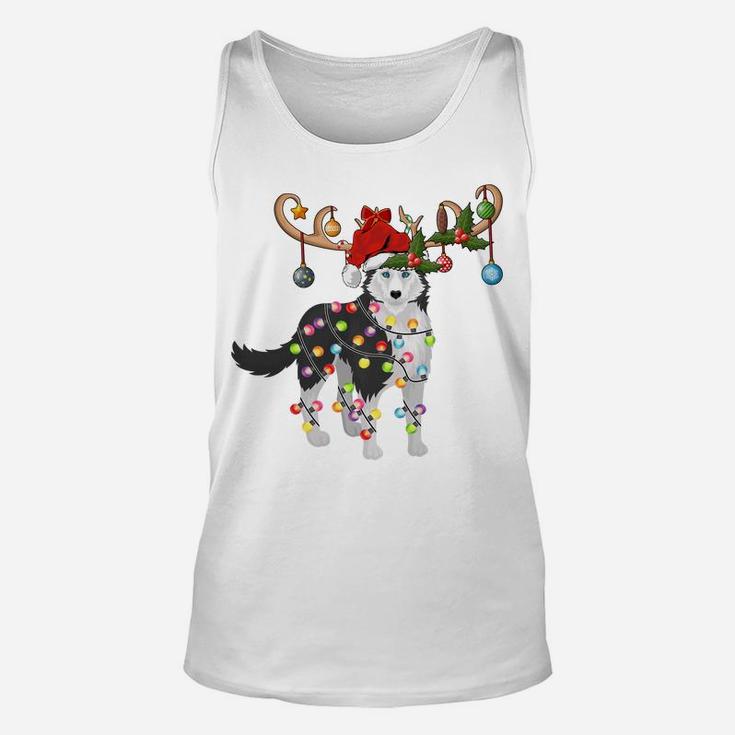 Funny Lighting Santa Hat Reindeer Siberian Husky Christmas Sweatshirt Unisex Tank Top