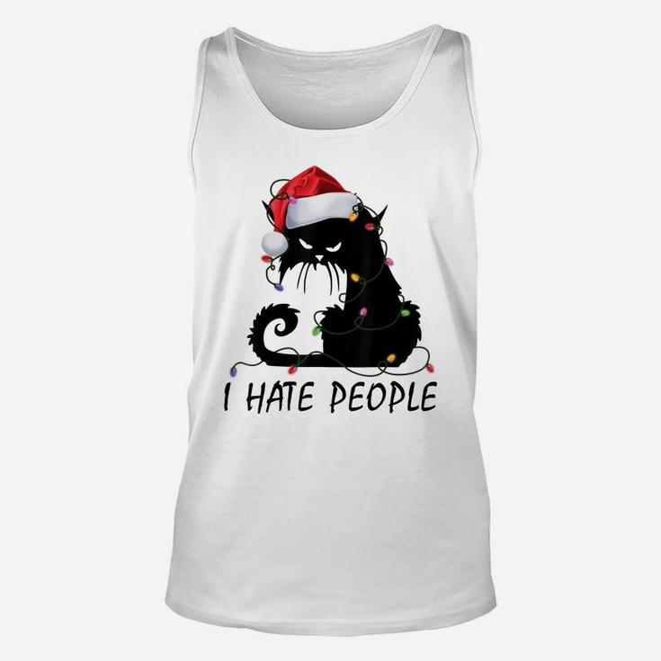 I Hate People Black Cat Santa Hat Christmas Light Xmas Gifts Unisex Tank Top