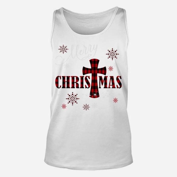 Merry Christmas Cross Buffalo Plaid Christian Holiday Gift Sweatshirt Unisex Tank Top