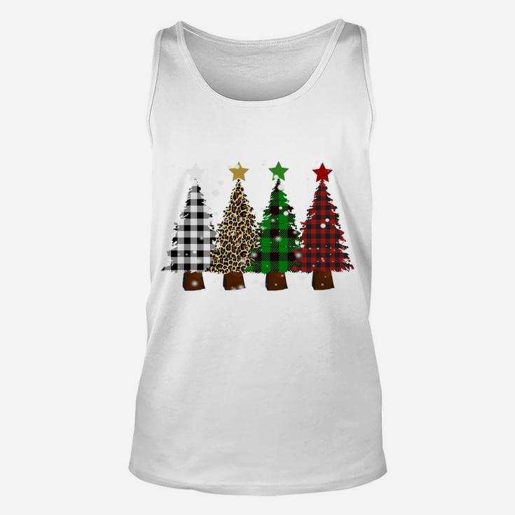 Merry Christmas Trees With Buffalo Plaid And Leopard Design Sweatshirt Unisex Tank Top