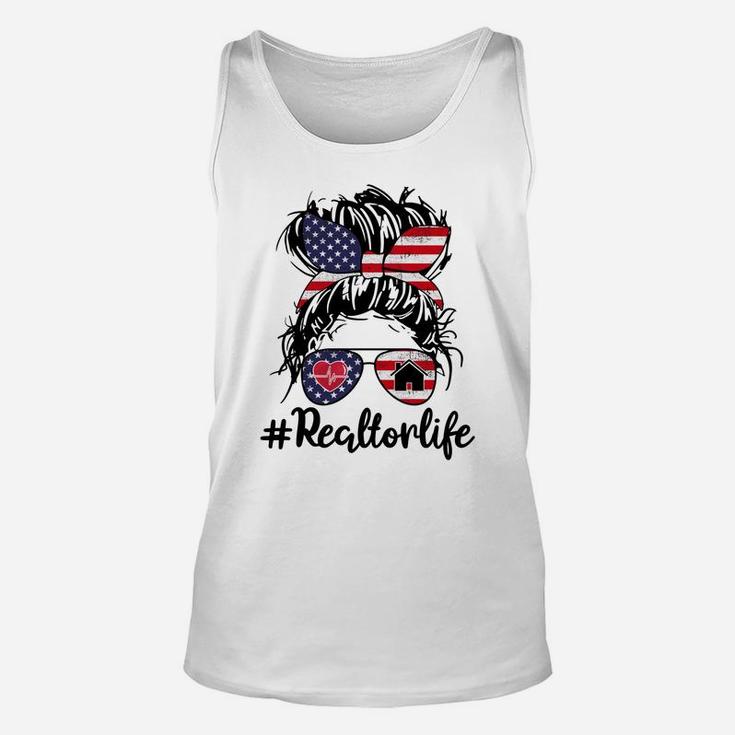 Real Estate Agent Women Messy Bun Hair Usa Flag 4Th Of July Unisex Tank Top