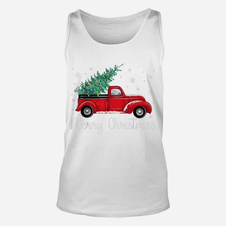 Vintage Red Truck With Merry Christmas Tree Unisex Tank Top