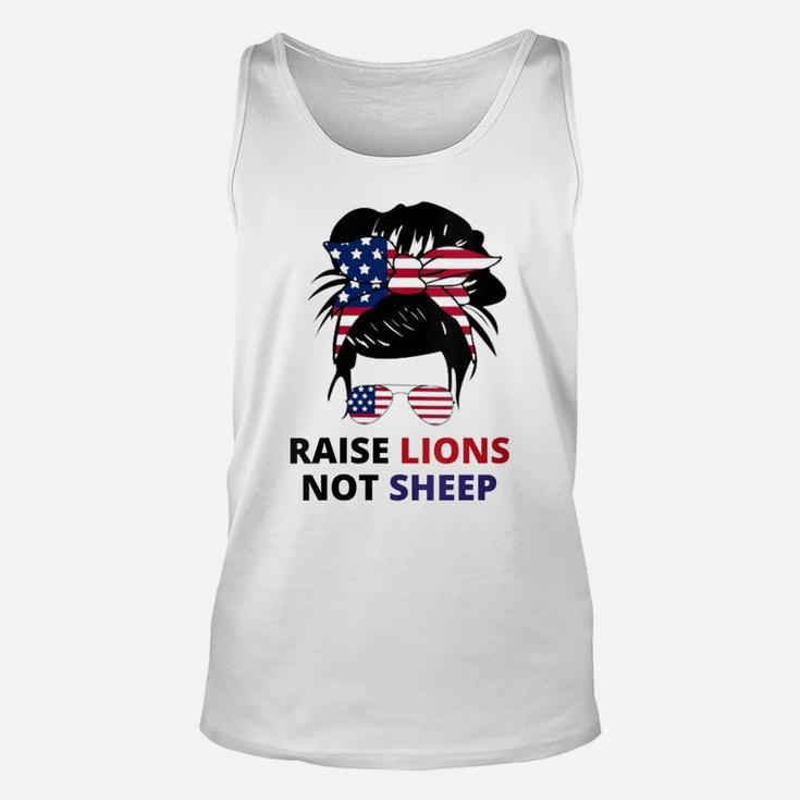 Womens Raise Lions Not Sheep American Flag Sunglasses Messy Bun Unisex Tank Top