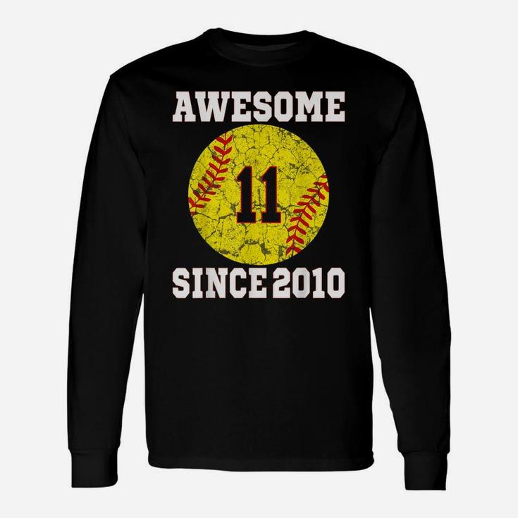 11Th Birthday Softball Lover 11 Years Old Vintage Retro Unisex Long Sleeve