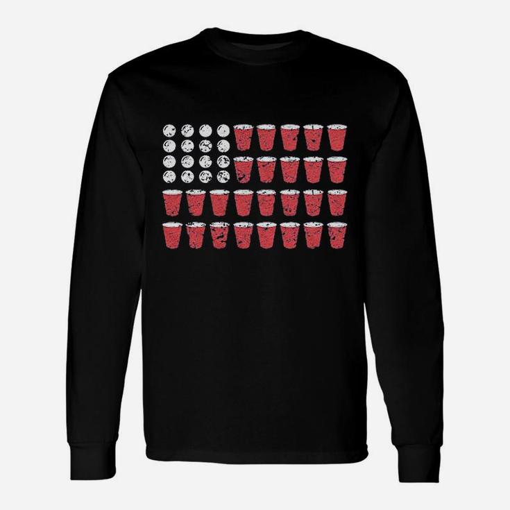 American Flag Beer Pong Funny Fourth Of July Drinking Unisex Long Sleeve