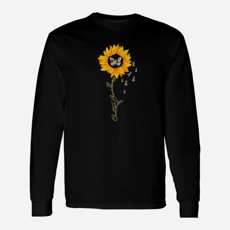 Autism Awareness Puzzle Pieces Butterfly In Sunflower Long Sleeve T-Shirt