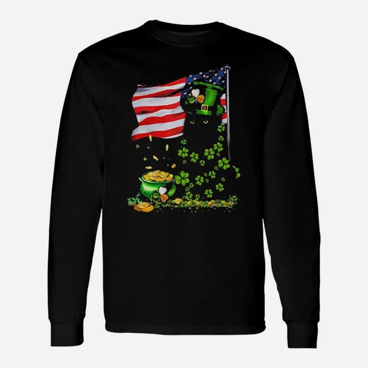 Black Cat Usa Flag Patrick Day Long Sleeve T-Shirt