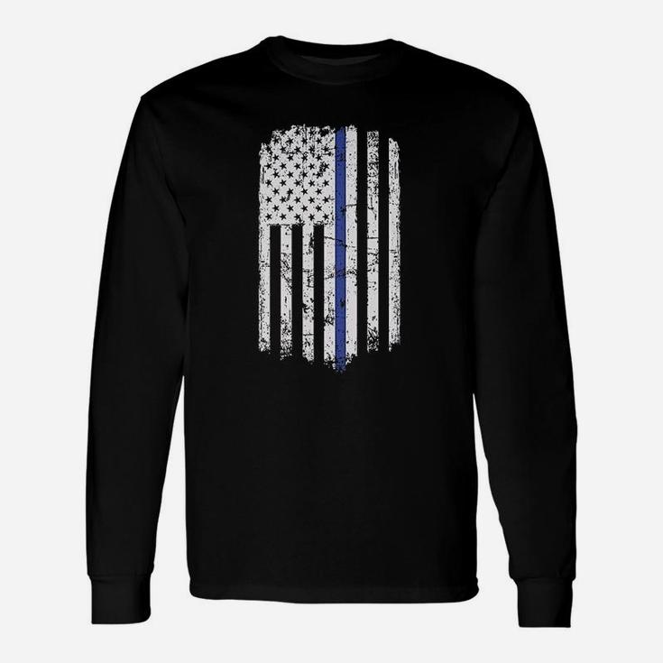 Blue Line Police American Flag Raw Edge Raglan Unisex Long Sleeve