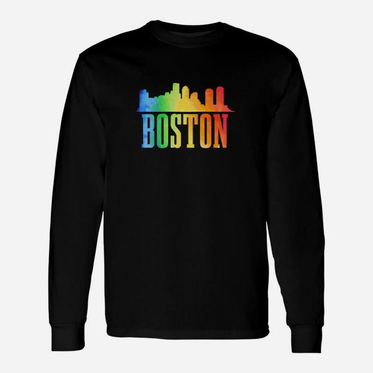 Boston Skyline Rainbow Lgbtq Gay Pride Massachusetts Long Sleeve T-Shirt