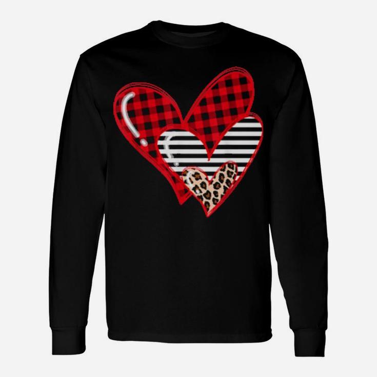 Buffalo Plaid Leopard Hearts Valentine's Day Long Sleeve T-Shirt
