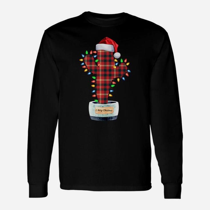 Cactus Christmas Buffalo Plaid Shirt Lights Santa Gift Xmas Sweatshirt Unisex Long Sleeve