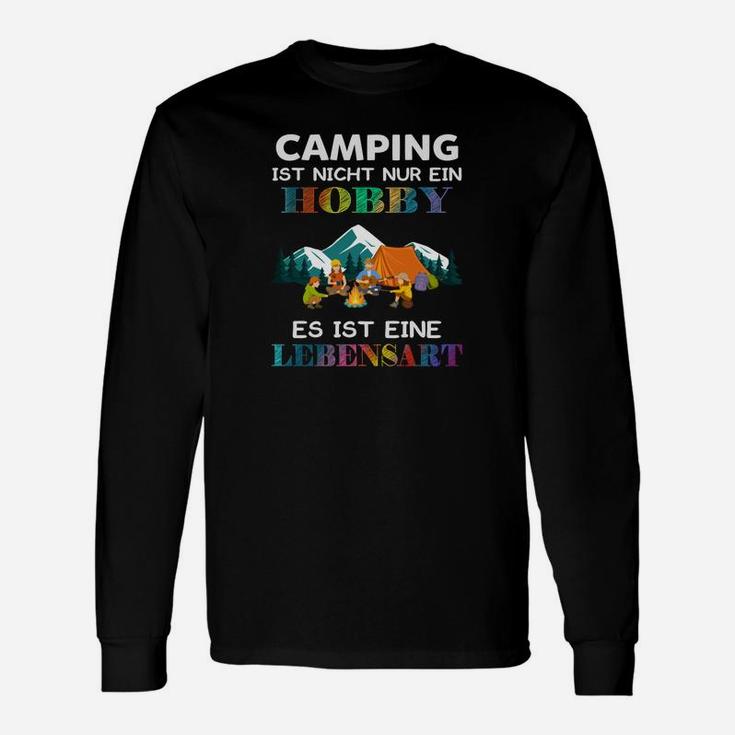 Camping-Lebensart Langarmshirts, Schwarzes mit Zeltdruck & Spruch