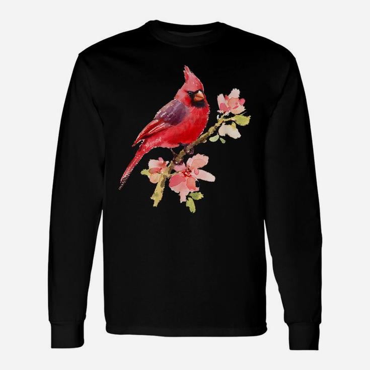 Cardinal Spirit Animal, Red Bird Stand On Pink Flower Unisex Long Sleeve