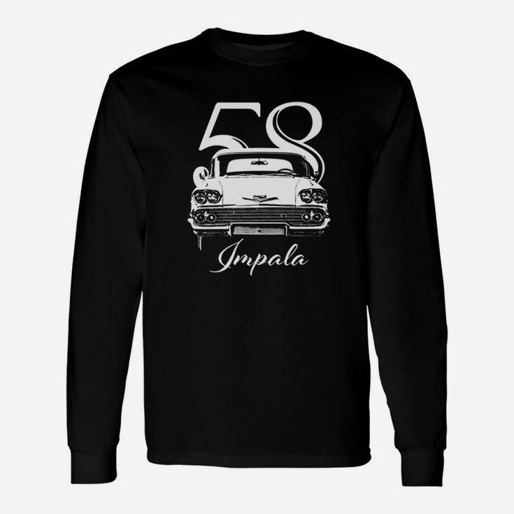 Cargeektees 1958 Impala Grill View With Year And Model Name Black Long Sleeve T-Shirt