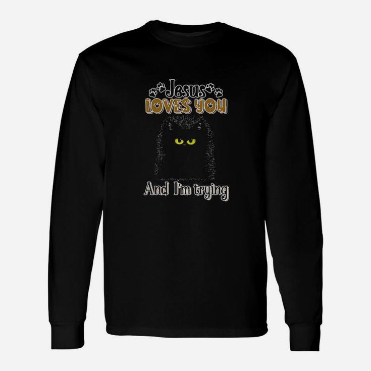 Cat Black Jesus Loves You Long Sleeve T-Shirt
