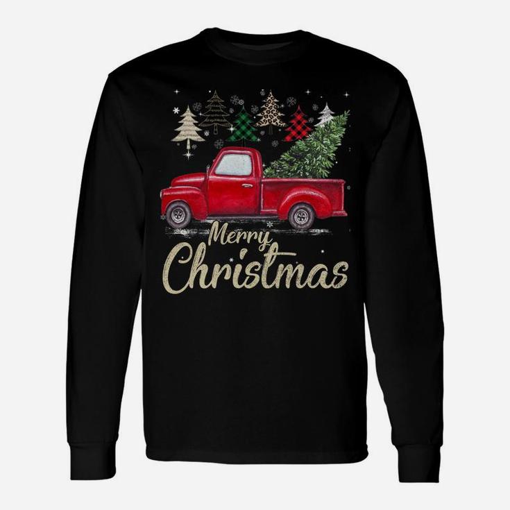 Chrismas Red Truck With Buffalo Plaid And Leopard Xmas Trees Unisex Long Sleeve