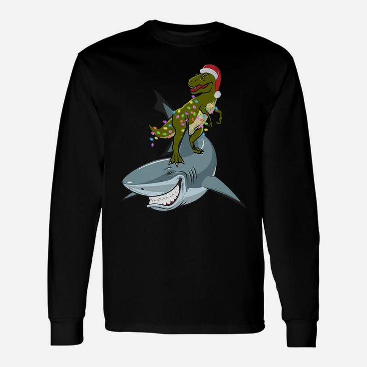 Christmas T-Rex With Xmas Lights Rinding A Shark Gift Funny Sweatshirt Unisex Long Sleeve