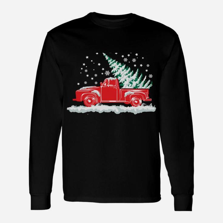 Christmas Tree In Back Of Old Red Pick Up Truck Snowing Unisex Long Sleeve
