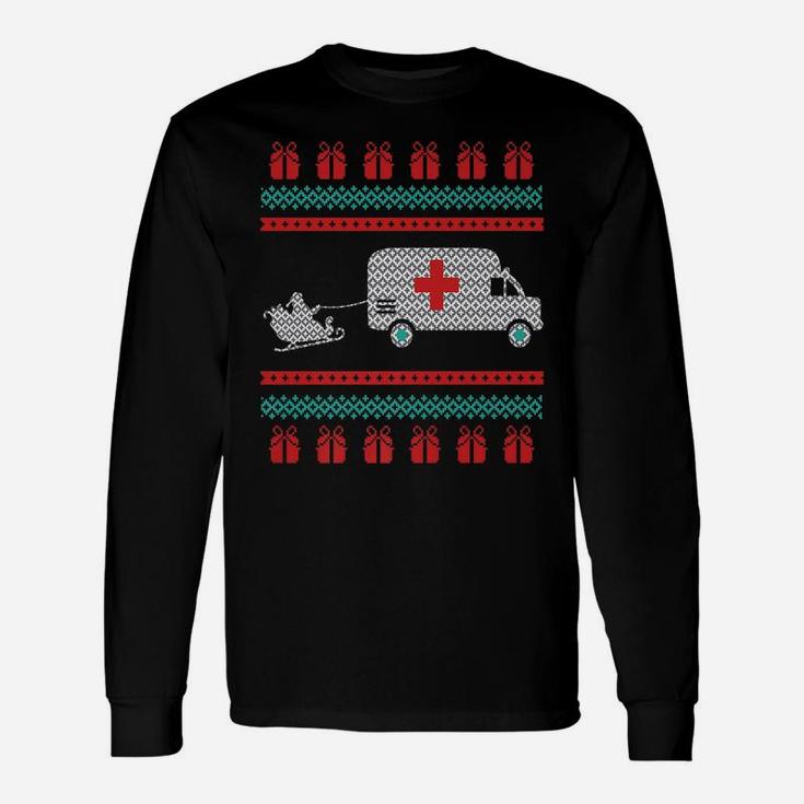 Christmas Ugly Sweater Ambulance Emergency Emt Santa Design Unisex Long Sleeve