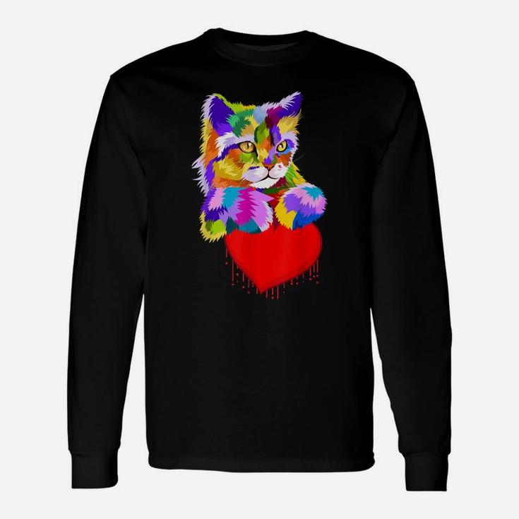 Colorful Cat For Kitten Lovers Kitty Adoption Dripping Heart Unisex Long Sleeve