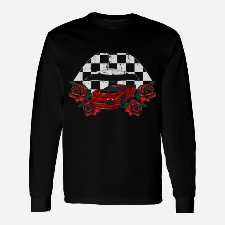 Cool Checkered Lips Kiss Red Rose Flower Car Racing Party Unisex Long Sleeve