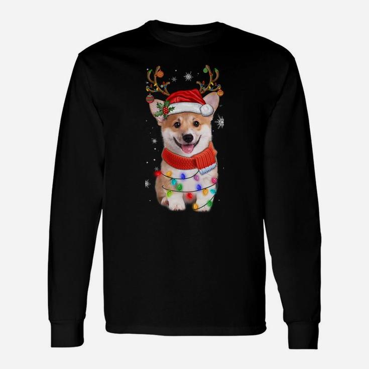 Corgi Dog Christmas Reindeer Santa Hat Xmas Light Pajama Tee Sweatshirt Unisex Long Sleeve