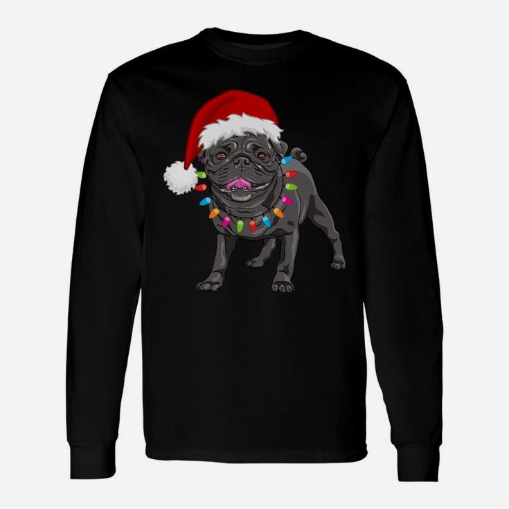 Cute Black Pug Christmas Tree Lights Santa Dog Xmas Funny Unisex Long Sleeve